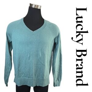 Lucky Brand Teal V Neck Raglan Sleeve Sweater Medium Cotton‎ Blend